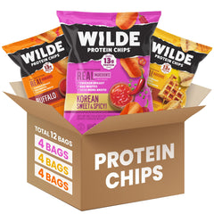 WILDE Chips variety pack with twelve 1.34oz bags for on-the-go protein snacking.