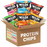 WILDE Chips variety-pack front view showing 12 high-protein snacks for keto-friendly days.