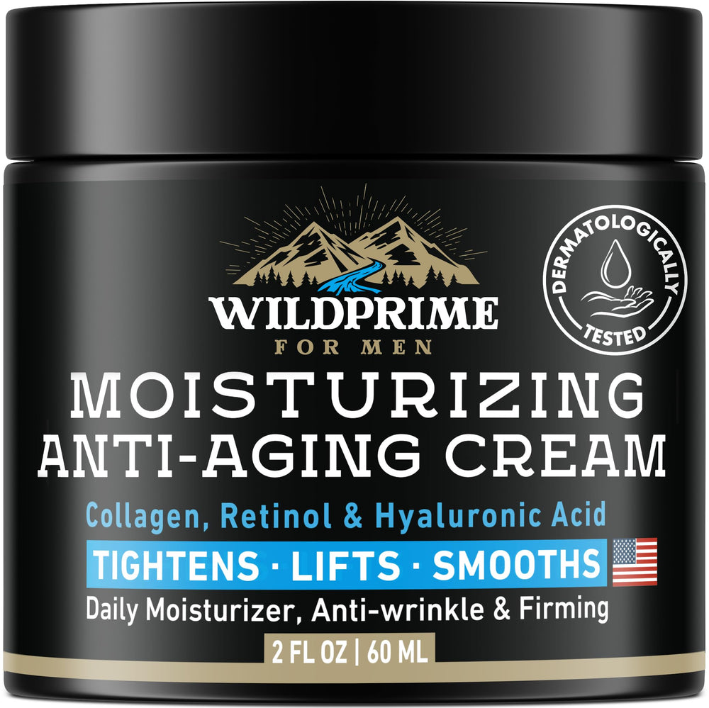 WildPrime men's face cream bottle close-up showing premium packaging for daily use.