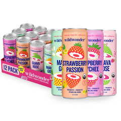 Wildwonder sparkling probiotic drink can close-up, a refreshing gut-friendly option in a 12-pack.