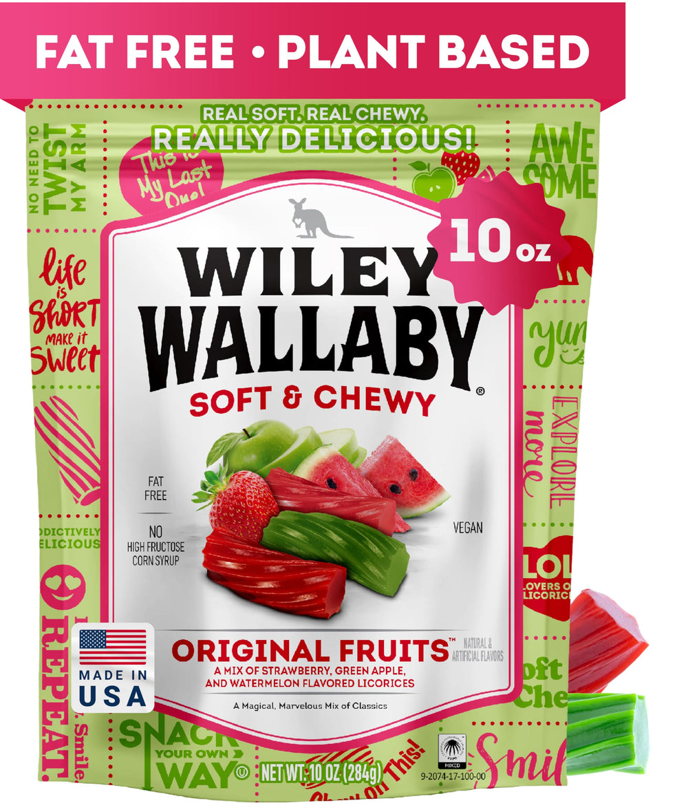 Wiley Wallaby licorice 10-ounce pack, soft and chewy for snacking.