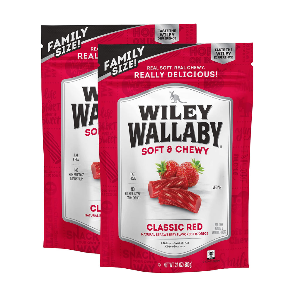 Wiley Wallaby licorice bag front resealable packaging for fresh snacking.