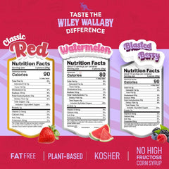 Assorted Wiley Wallaby licorice flavors in chunky, soft bites for variety.