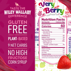 Wiley Wallaby Very Berry licorice close-up showing natural strawberry and raspberry flavors.