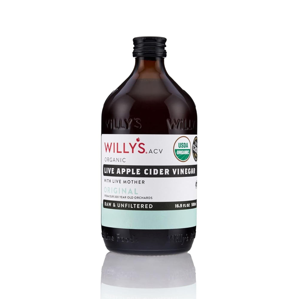 Willy's Organic ACV with Mother bottle showing live cultures for daily use.