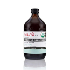 Willy's Organic ACV with Mother bottle showing live cultures for daily use.