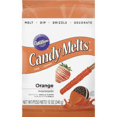 Wilton Orange Candy Melts pack ready to melt for easy decorating.