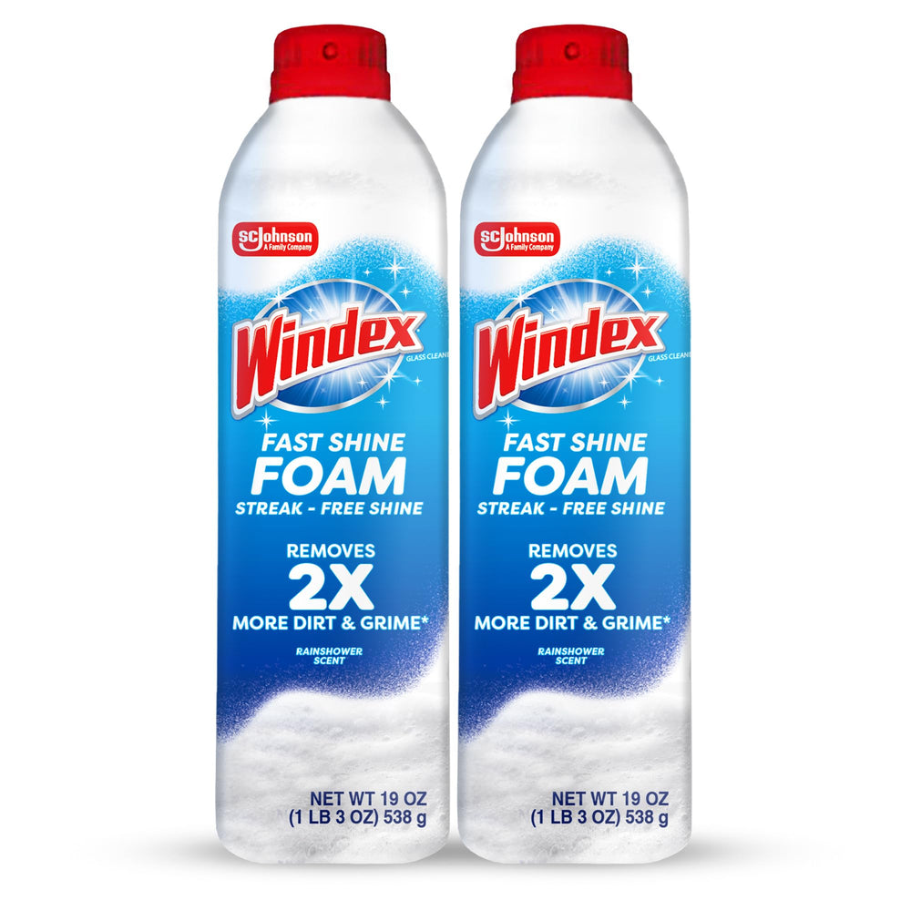 Windex Fast Shine Foam bottle shows no-drip action for streak-free cleaning.