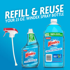 Windex Original Blue spray action on glass surface for streak-free shine