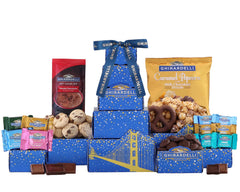 Wine Country Gift Baskets Ghirardelli tower gift presentation, gift-ready.