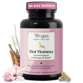 Winged Wellness Hot Momma bottle on a clean surface signaling convenient menopause support