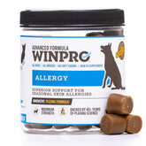 WINPRO Allergy Chews bottle highlighting a grain-free formula for seasonal skin support