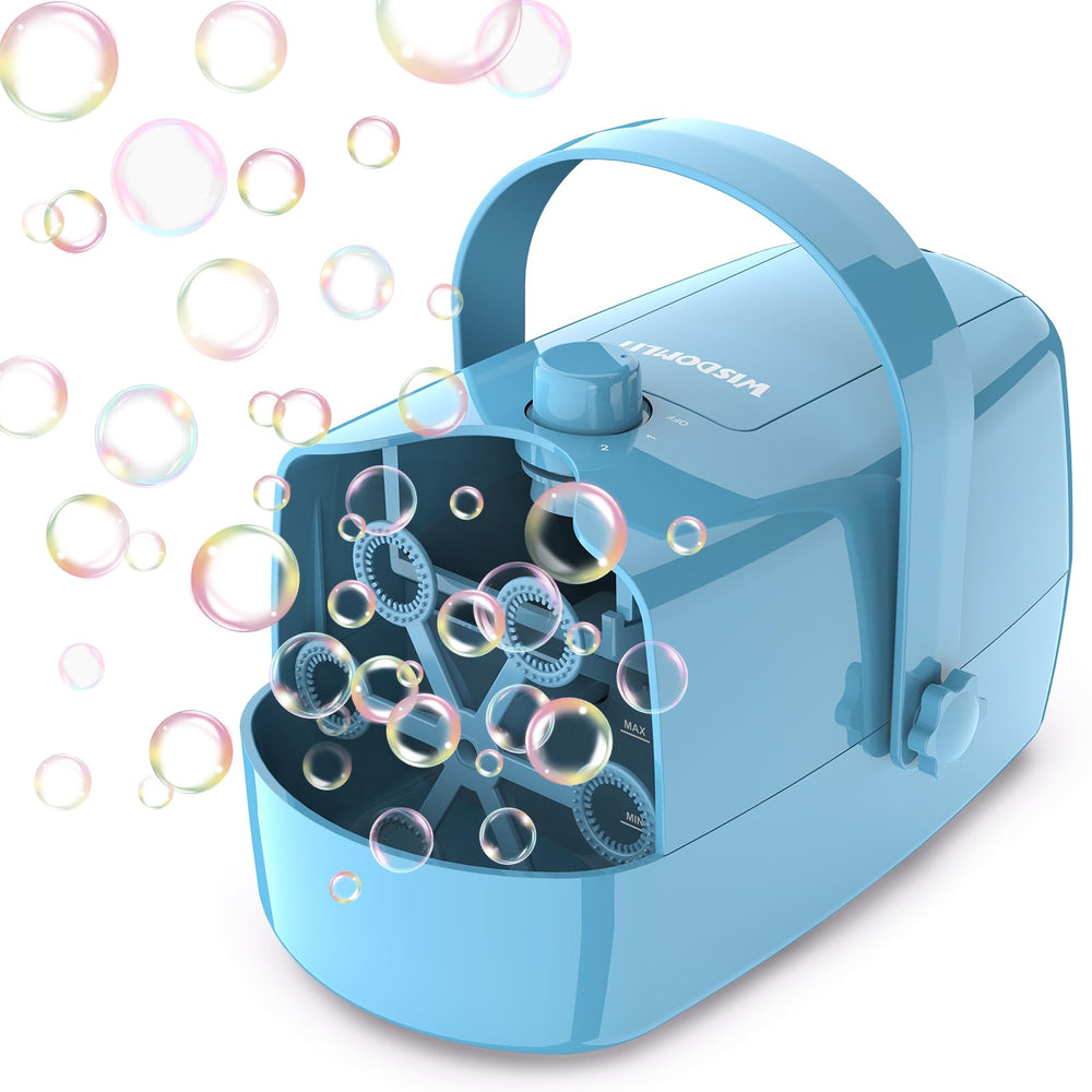 Wisdomlit Bubble Machine with 3in1 wheels creating small bubbles for indoor play