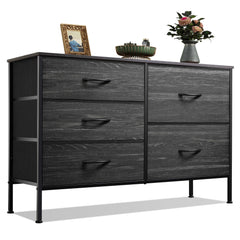 WLIVE dresser charcoal woodgrain front with five organized drawers for bedroom storage.
