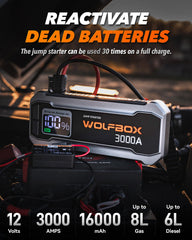 WOLFBOX 3000A jump starter ports and display highlight easy status checks
