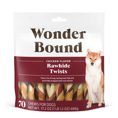Wonder Bound chicken rawhide twist close-up showing real meat layers for a flavorful chew.