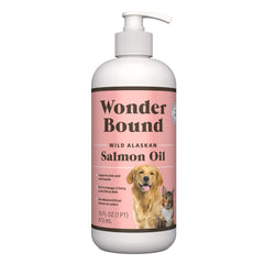 Wonder Bound Wild Alaskan Salmon Oil bottle showing skin and coat support for pets