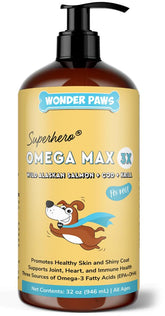 Wonder Paws Fish Oil bottle pouring onto dog food for daily omega support