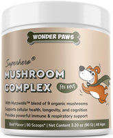 Wonder Paws Immune Mushroom Powder sprinkled into a dog bowl for daily immune support.