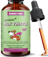 Wonder Paws Milk Thistle dog bottle front showing a trusted liver support supplement.