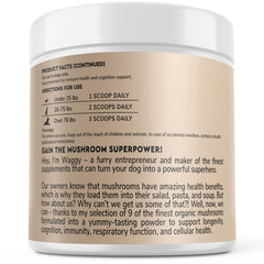 Wonder Paws Reishi and Lion's Mane bottle with scoop demonstrates easy dosing for dogs.