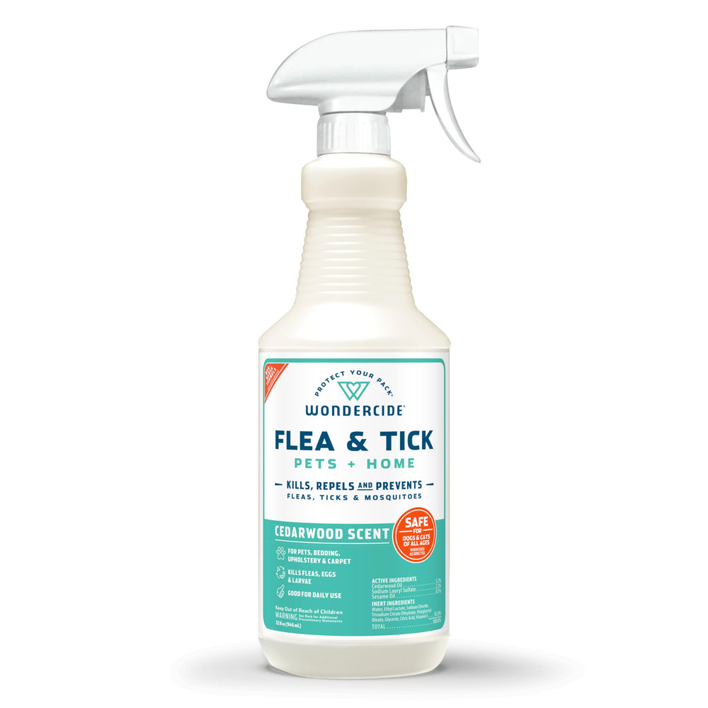 Wondercide cedarwood spray bottle for pets and home, kills fleas on contact.