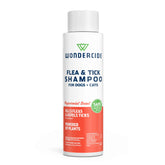 Wondercide flea and tick shampoo bottle pour during bath time for plant-powered protection.