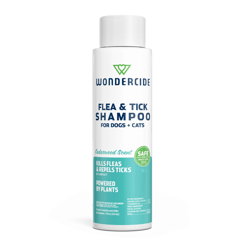 Wondercide flea and tick shampoo bottle for dogs and cats with cedarwood plant-powered care