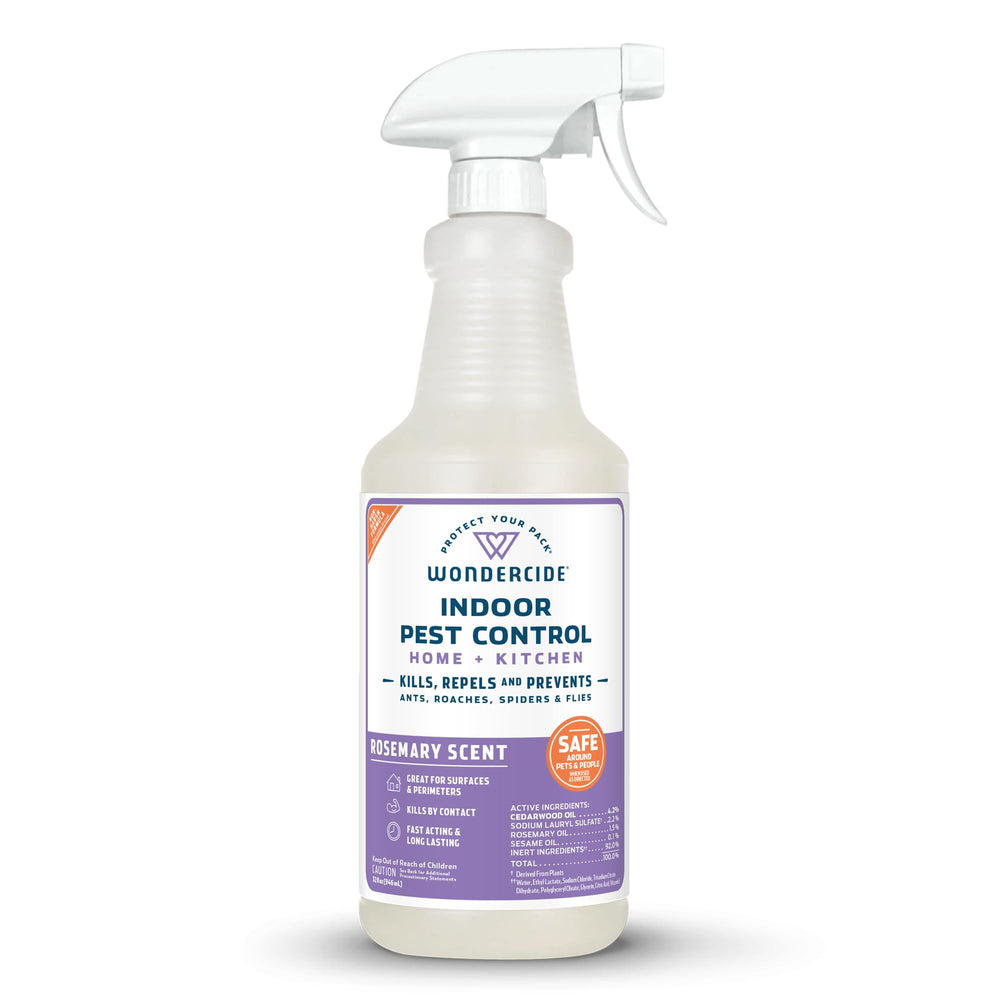 Wondercide indoor pest spray bottle closeup with plant-powered protection for insects.
