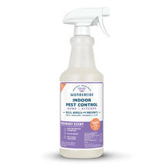 Wondercide indoor pest spray bottle closeup with plant-powered protection for insects.