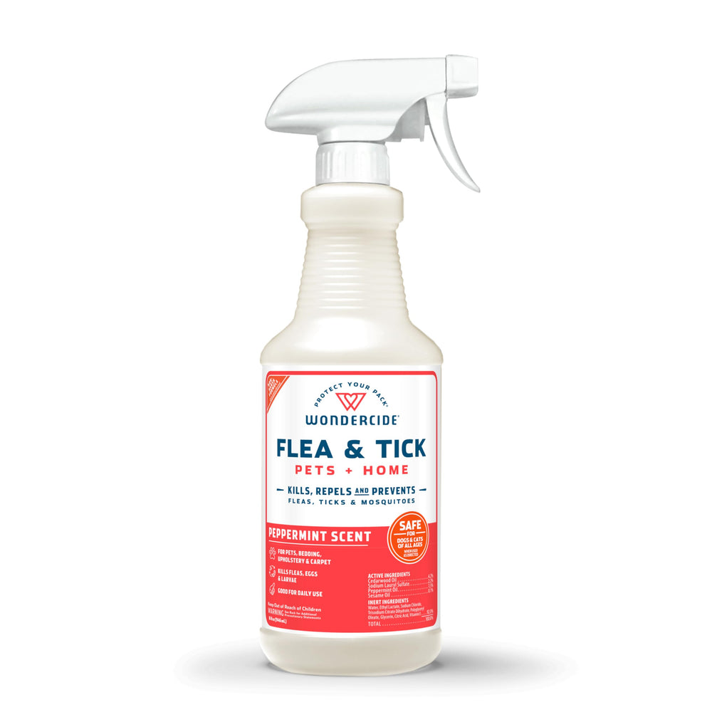 Wondercide Peppermint Flea & Tick Spray bottle ready for on-pet application.