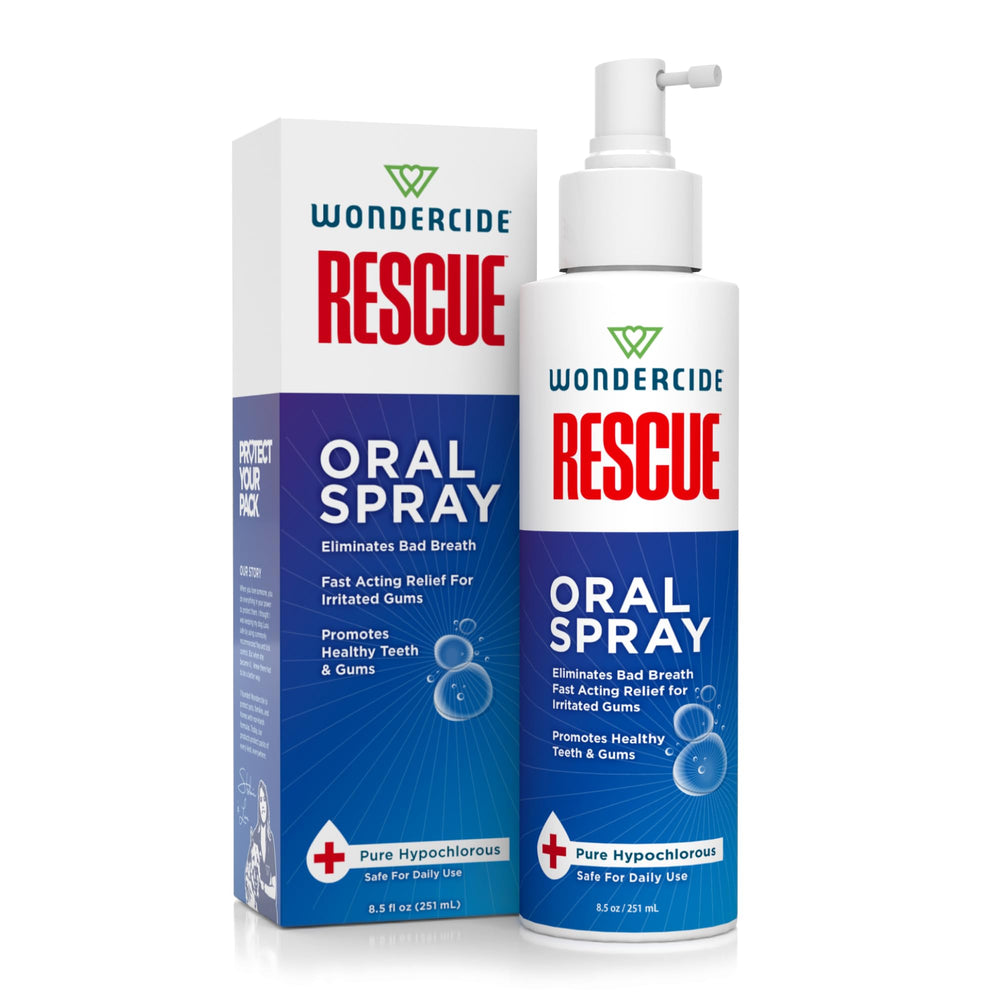 Wondercide Rescue oral spray bottle demonstrates easy, mess-free daily dental care for pets.