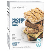 WonderSlim protein wafer snack bar variety pack closeup with crunchy texture and 15g protein