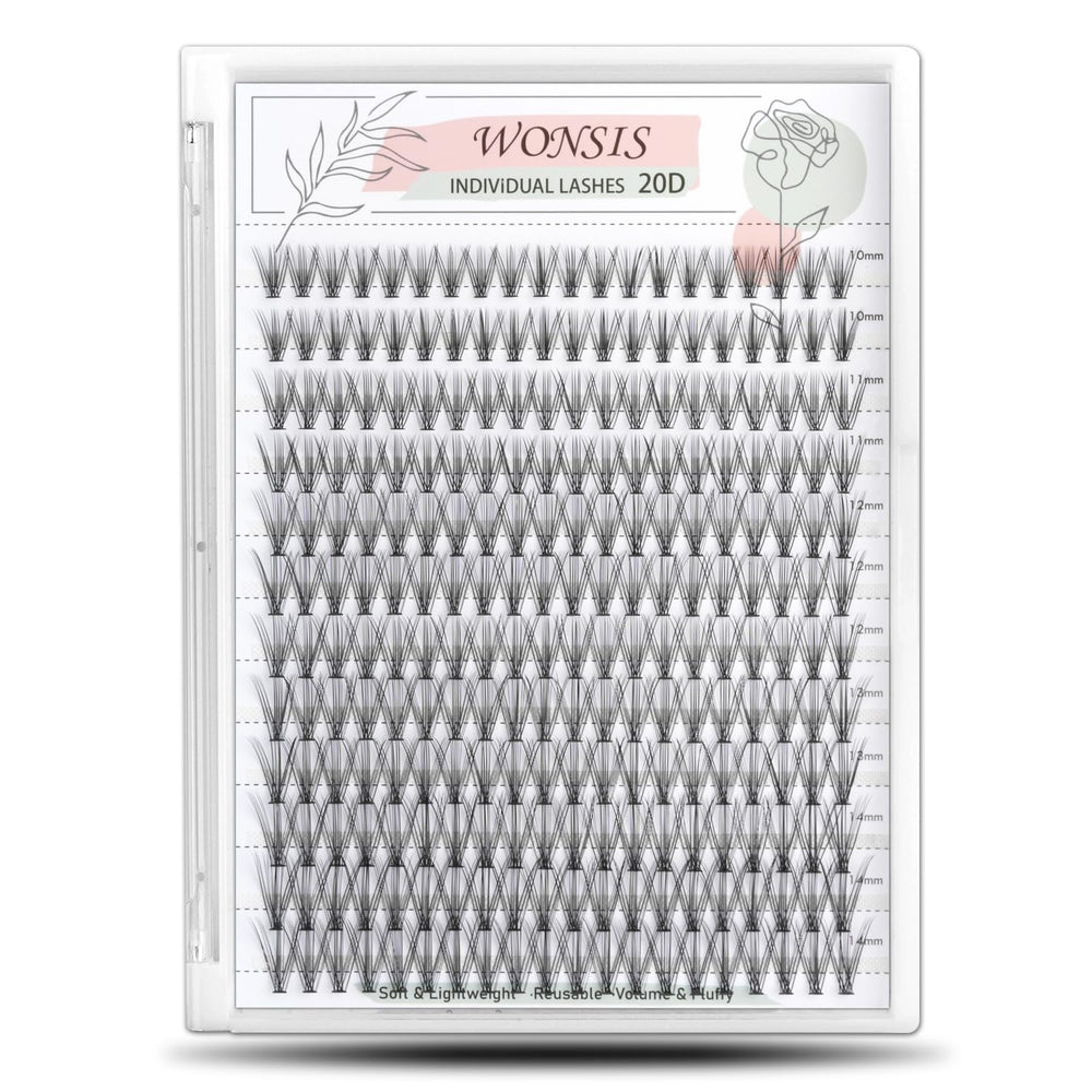 WONSIS 20D lash clusters pack closeup shows lightweight fibers for natural volume.