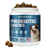 Wontechmi Probiotics for Dogs bottle with steak chews promoting gut health.