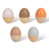 WoodenEdu 5-pcs egg shakers set for kids' percussion play and rhythm practice.