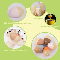 WoodenEdu egg shakers measure 2 by 3 inches, easy for small hands.