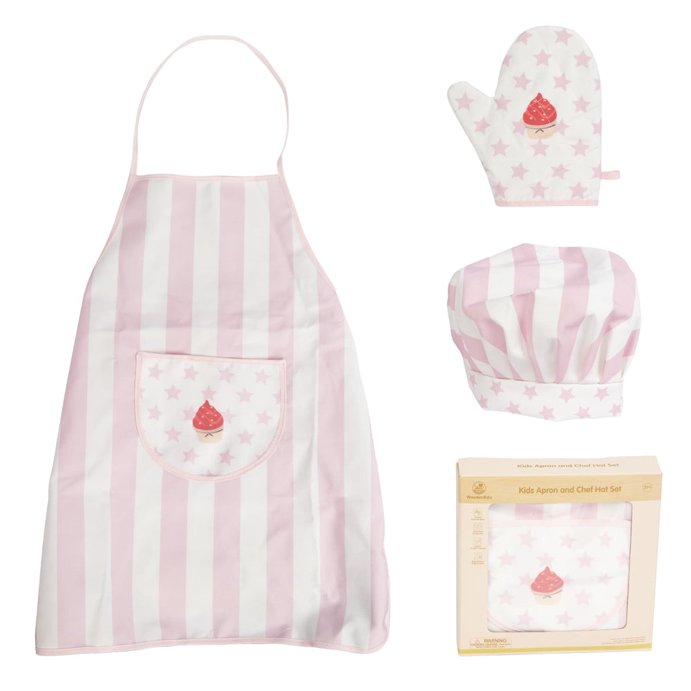 WoodenEdu Pink kid apron and chef hat front view for imaginative cooking play.