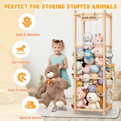 Woodure stuffed animal storage zoo side view highlights roomy, tidy storage.