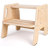 Woodure toddler step stool height-adjustable in a home setting.