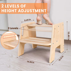 Woodure wooden step stool used as a bath aid in the bathroom.