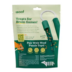 WOOF chicken-flavored puzzle treats aroma and bite