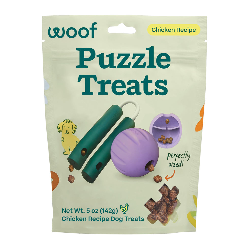WOOF air-dried puzzle treats in packaging for dogs