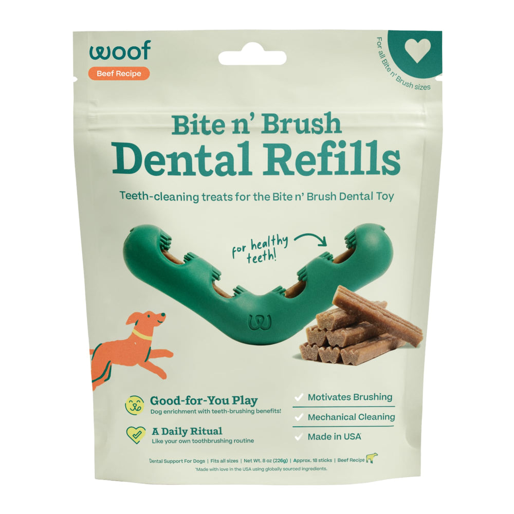 WOOF Bite n' Brush refill beef treats for dogs, tasty dental cleaning during play.