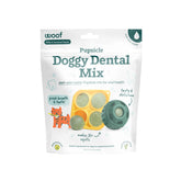Woof Doggy Dental Pupsicle Mix tub shows daily teeth cleaning and fresh breath potential.