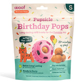 WOOF Pupsicle Birthday Pops packaging displays wholesome ingredients for celebration-ready dog treats.