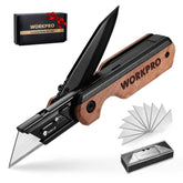 WORKPRO 2-in-1 folding knife with belt clip for quick access.