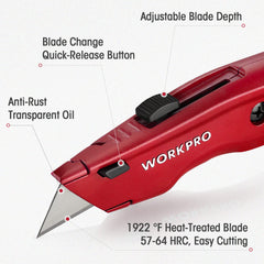 WORKPRO knife with quick-change blade feature for faster, safer replacements.