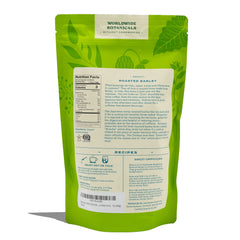 Worldwide Botanicals Orzo Barley brew in mug, caffeine-free coffee alternative.