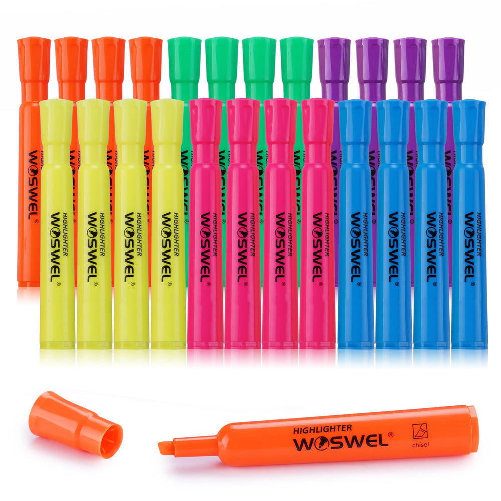 WOSWEL highlighters 24-pack bulk pack shown in zipper bag for classroom use.